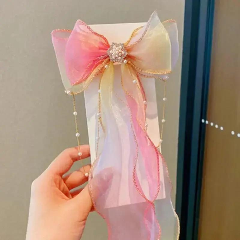 Fashion Hair Accessories New Girls Cute Pearl Colorful Chiffon Bow Ribbon Hairpins Children Sweet Hair Clips For Girls