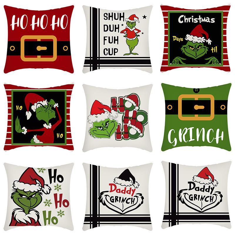 Grinch Linen Throw Pillowcase Holiday Sofa Office Cushion Pillowcase Green Furry Christmas Pillowcase