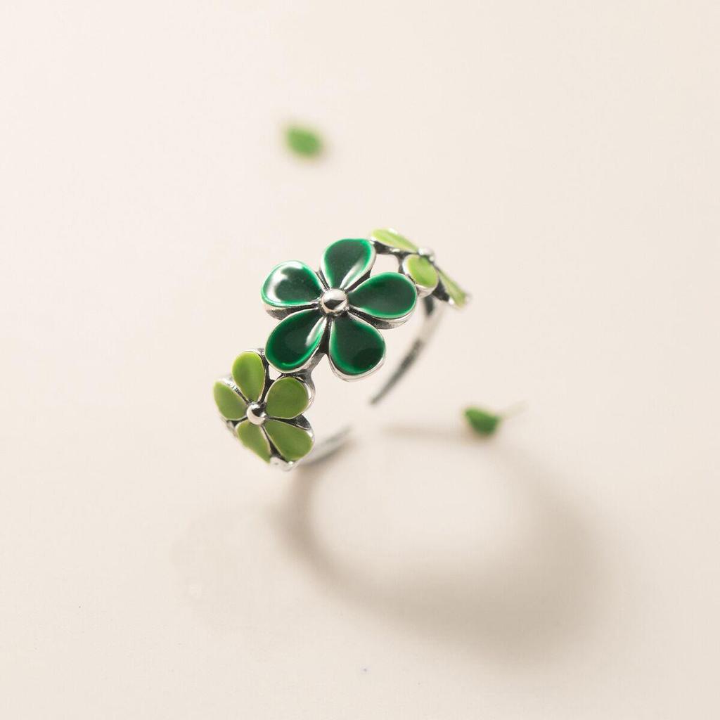 Cute Green Five Petals Flower Ring For Women Glue Dispensing Adjustable Open Ring Handmade Zircon Unisex Accessories Girl Gift