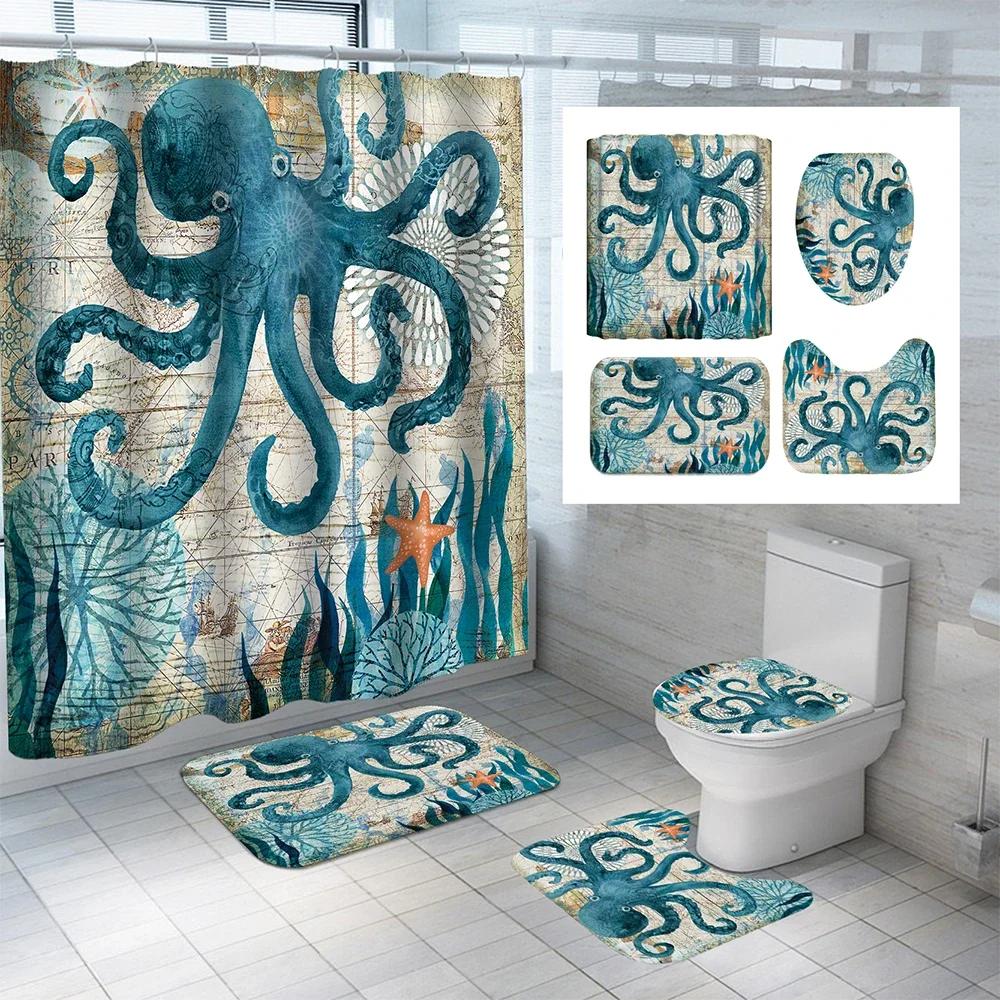 Turtle Sea Horse Dolphin Print Shower Curtain Set Bathroom Bathing Screen Anti-Slip Toilet Lid Cover Carpet Rugs Home Decor Sets