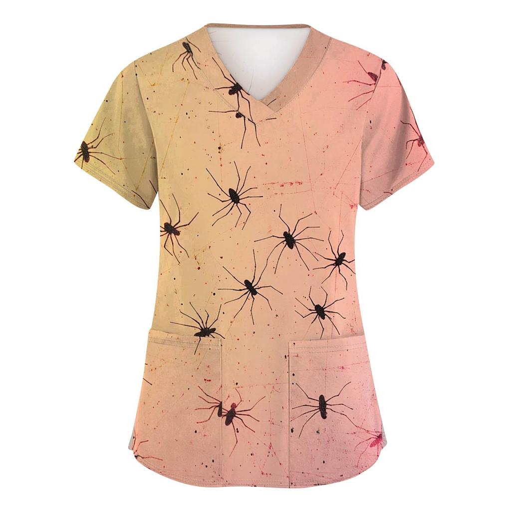Women's Fashion V-neck Short-sleeved Work Uniform With Pockets, Halloween Print Top