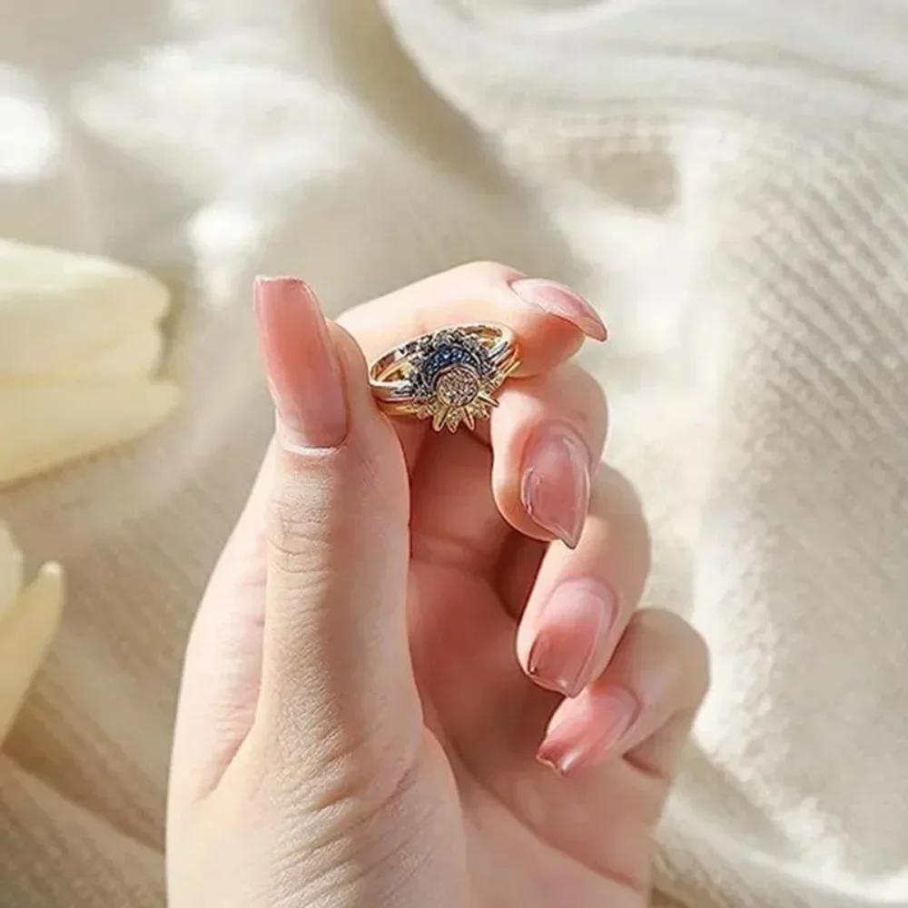 2pcs/set Sparkling Ring Riyue Suitable Ring for Women To Wear Fashion Female Sun Moon Star Simple Two-piece Ring Set