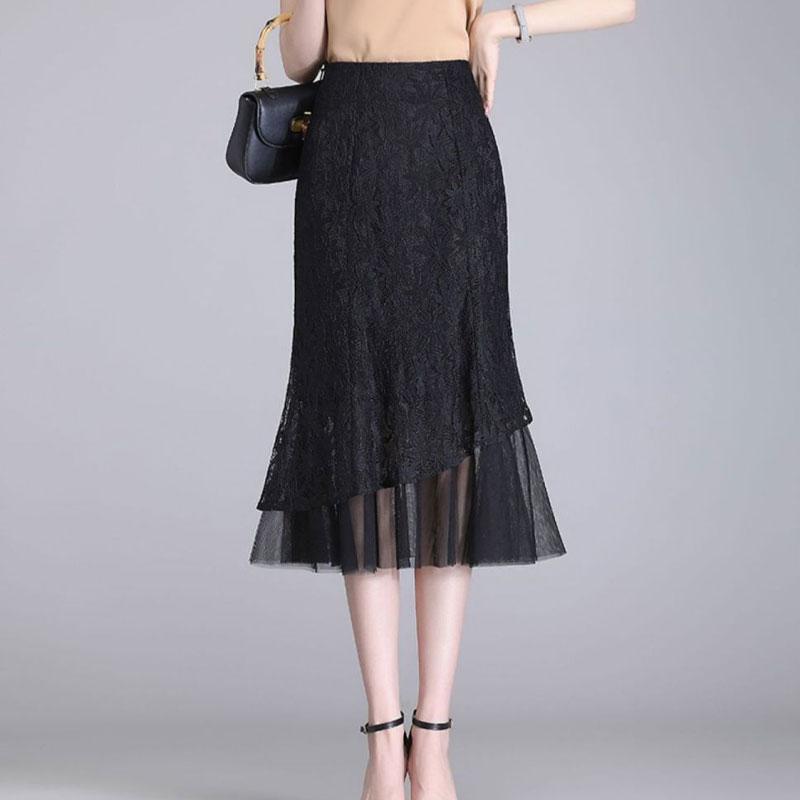 

Elegant Lace Bag Hip Mermaid Skirts Vintage Spring Summer High Waist Women s Clothing Stylish Zipper Gauze Patchwork Midi Skirts L чорний