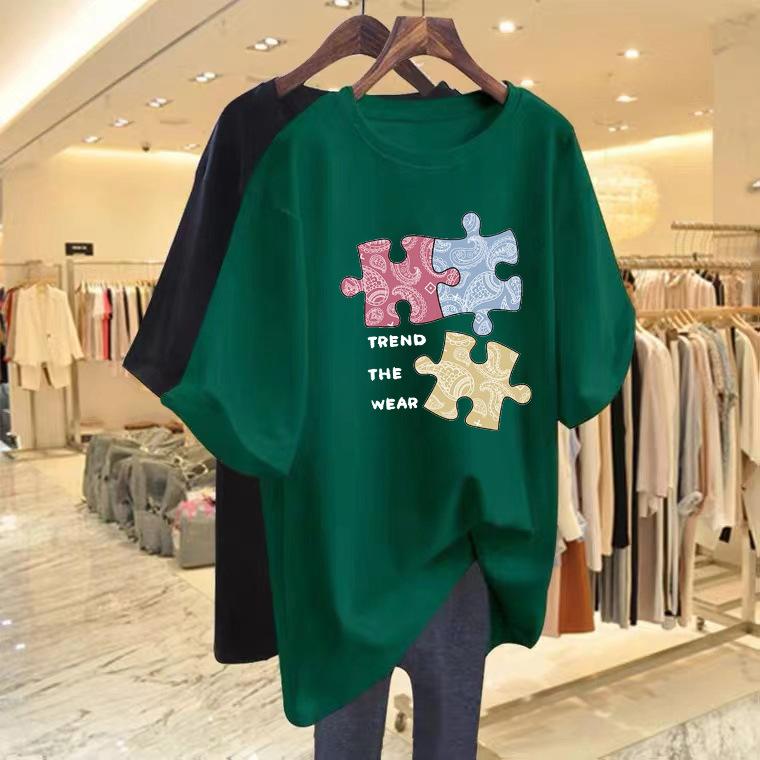 Cartoon puzzle letter printing short-sleeved t-shirt women's summer 2025 new loose casual versatile crew neck thin top