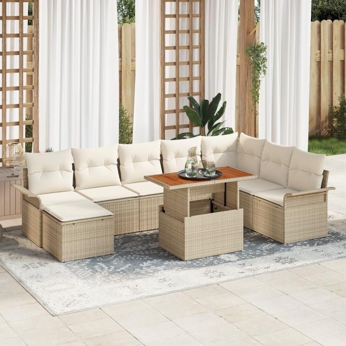 VidaXL Ensemble salle à manger jardin 9 pièces avec coussins Beige Polyrotin Acacia 3349371