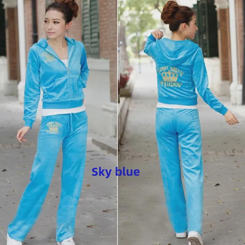 2025 Autumn Korean Gold Velvet Embroidered Outdoor Two-Piece Suit In Plus Size