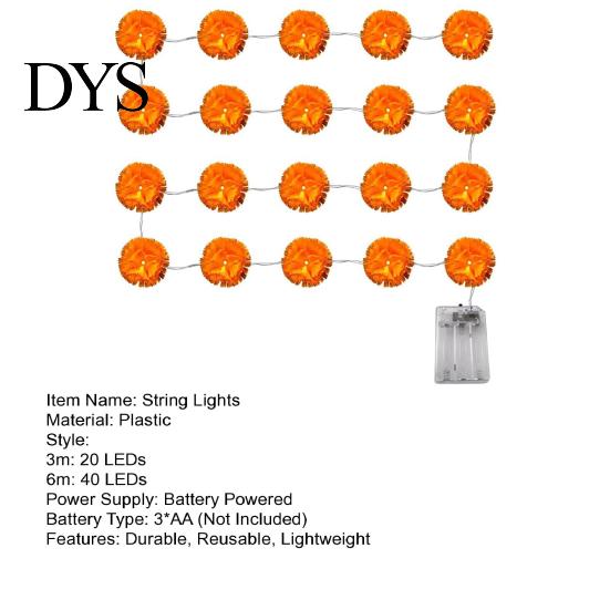 Reusable Fall Seasonal Home Accents Artificial Marigold Flower String Lights, 20/40 LED Cempasuchil Garland Flashing Battery Operated Lights
