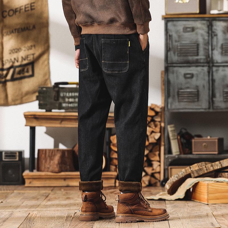 Men's Large Plus Velvet Elastic Waist Harem Jeans - Loose Fit, Thick, Warm Winter Trousers