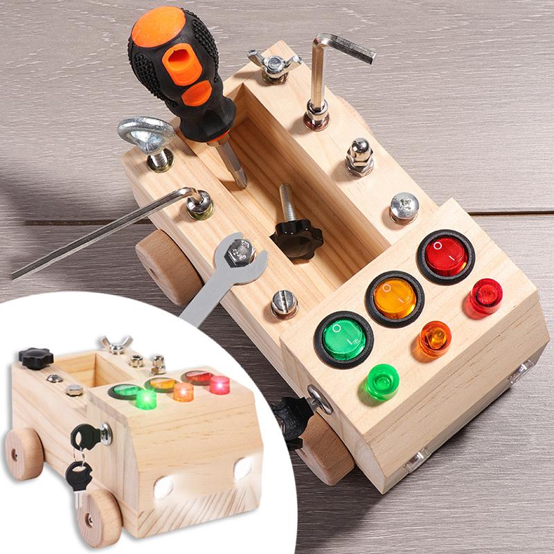 Wooden Montessori Busy Board Sensory Toys Switch Control Box LED Light Tool Cart Screw Game Early Learning Toy for 2-4 Years Old
