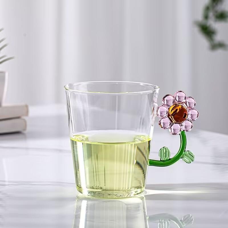 Transparent Heat-resistant Glass Cups Flower Handle Cup Milk Water Glass for Breakfast Coffee Mug Home Decor Drinking Glasses