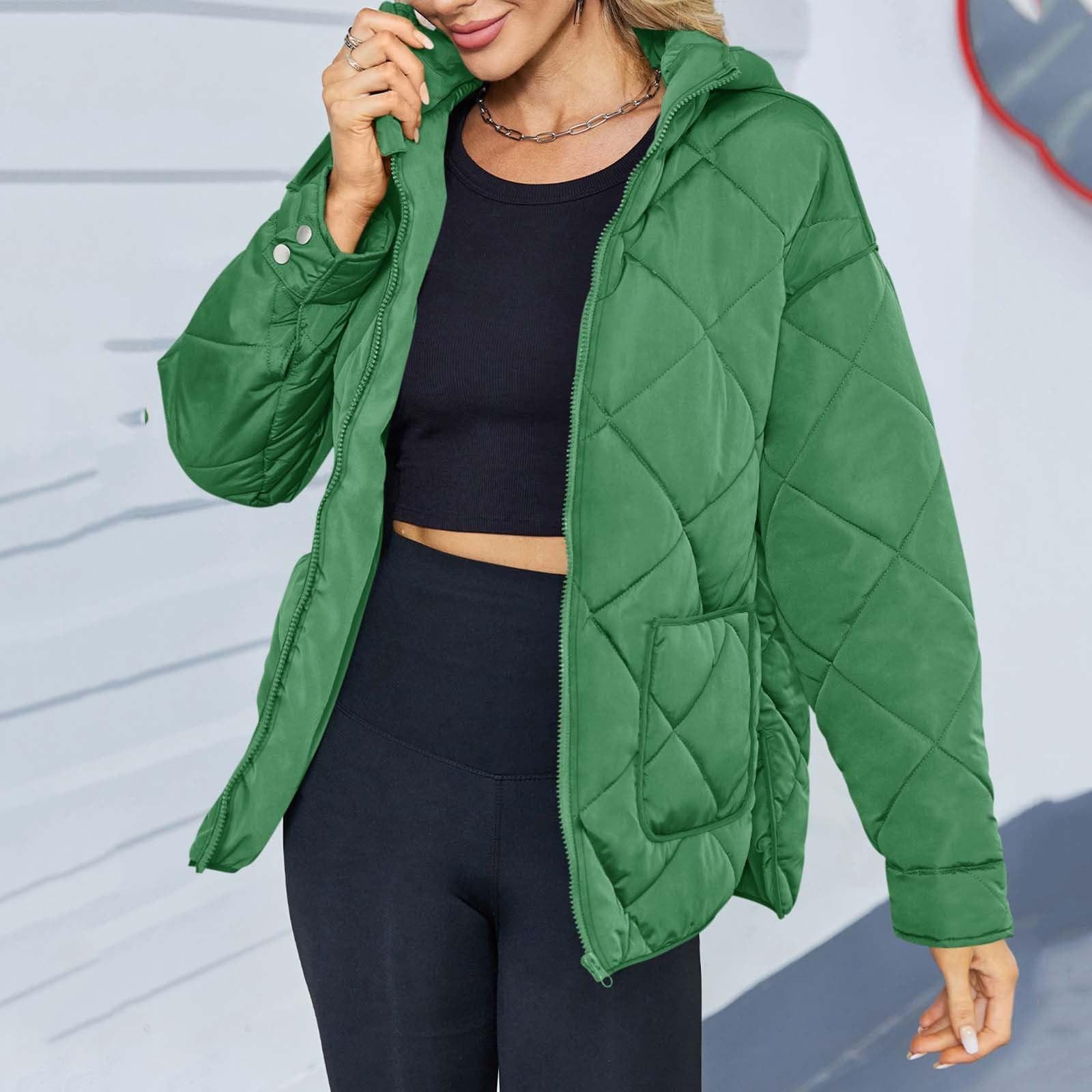 Women s Color Fashionable Large Pocket Slit Cotton Coat Loose Hooded Long Sleeved Zipper Jacket S зелёный