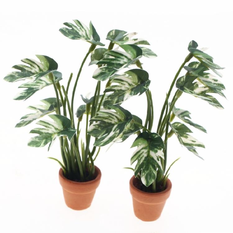 White Variegated Monstera Artificial Foliage For Miniature Dollhouses Decorative Setup
