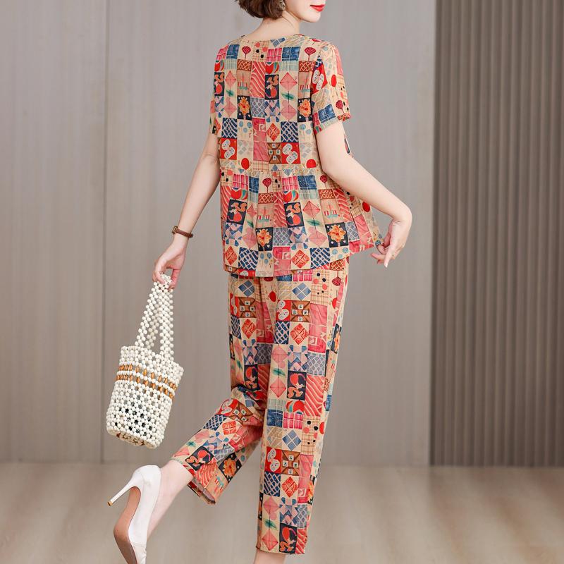 Plus Size 2 Piece Sets Women Outfit Summer Vintage Clothing Loose Casual Pants Sets