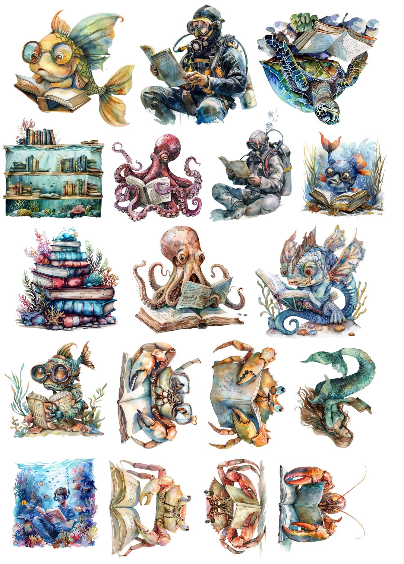 

18pcs cute Underwater World Marine Biology Books Reading Decorative Stickers Journal Scrapbooking DIY Album Style stationery білий