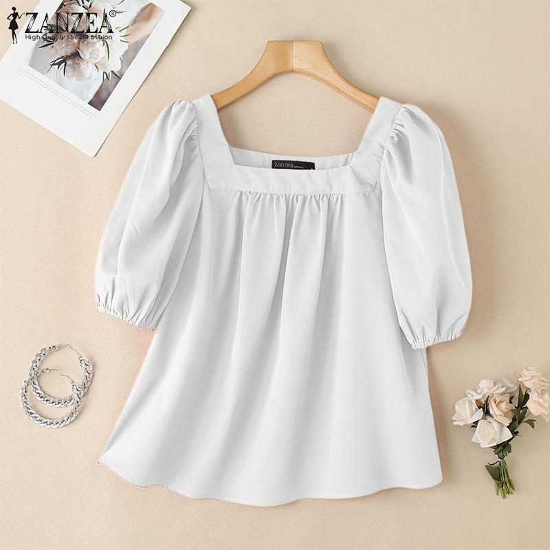 ZANZEA Women Casual Square Collar Summer Short Sleeve Blouse