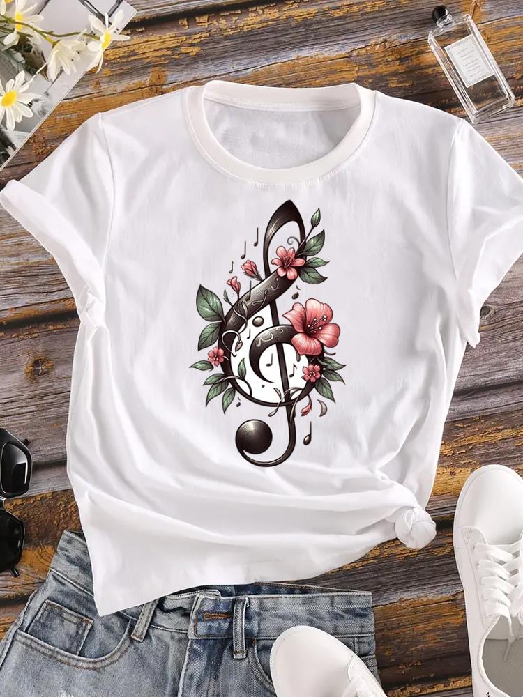 (Asian Size)  Tee Women Clothing Flower Lovely Trend Cute Casual Top Short Sleeve T Shirt Fashion Print Lady Female Graphic T-shirts