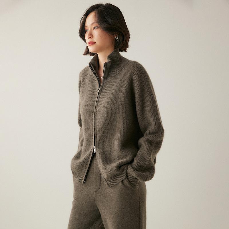 Women's Long Sleeve Cashmere Knit Zipper Cardigan - Cozy Lapel Sweater Outerwear