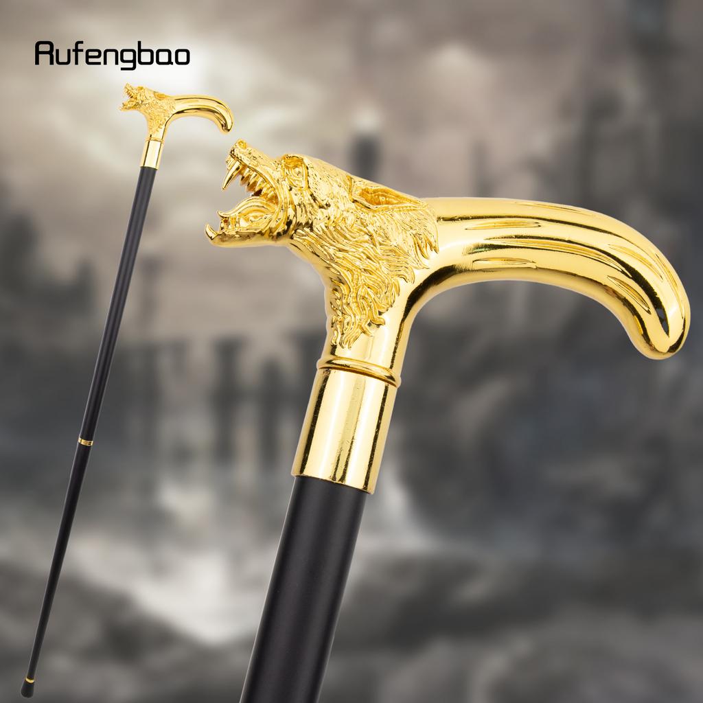 Bastón de Paseo Decorativo de Moda Cabeza de Lobo Dorado Mordiendo Bastón Elegante para Caballero Cosplay Pomo Báculo 92cm