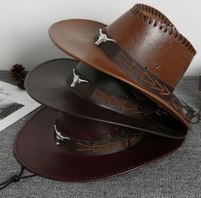 New Vintage Fashion Cow Head Decorated Western Cowboy Hat Faux Leather Panama Style Bucket Jazz Cap for Men