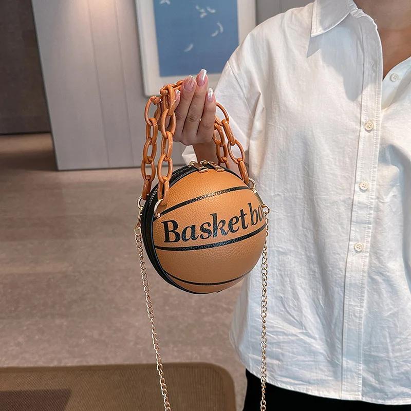 Personality Graffiti Round Ball Bag For Women PU Leather Crossbody Acrylic Chain Handbags and Purses Female Basketball Bag