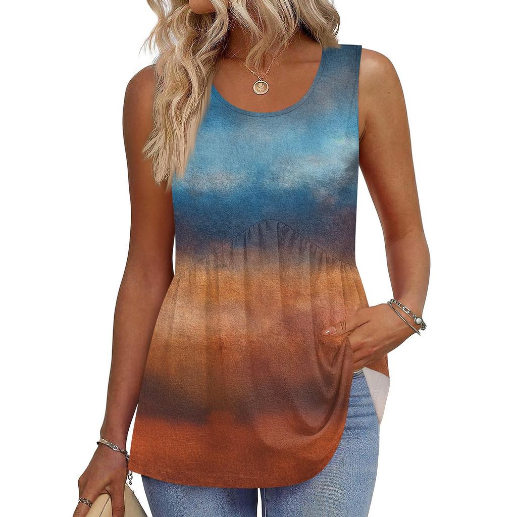 Square Collar Tank Top Women Print Tank Tee Casual Loose Fit Sleeveless Shirt