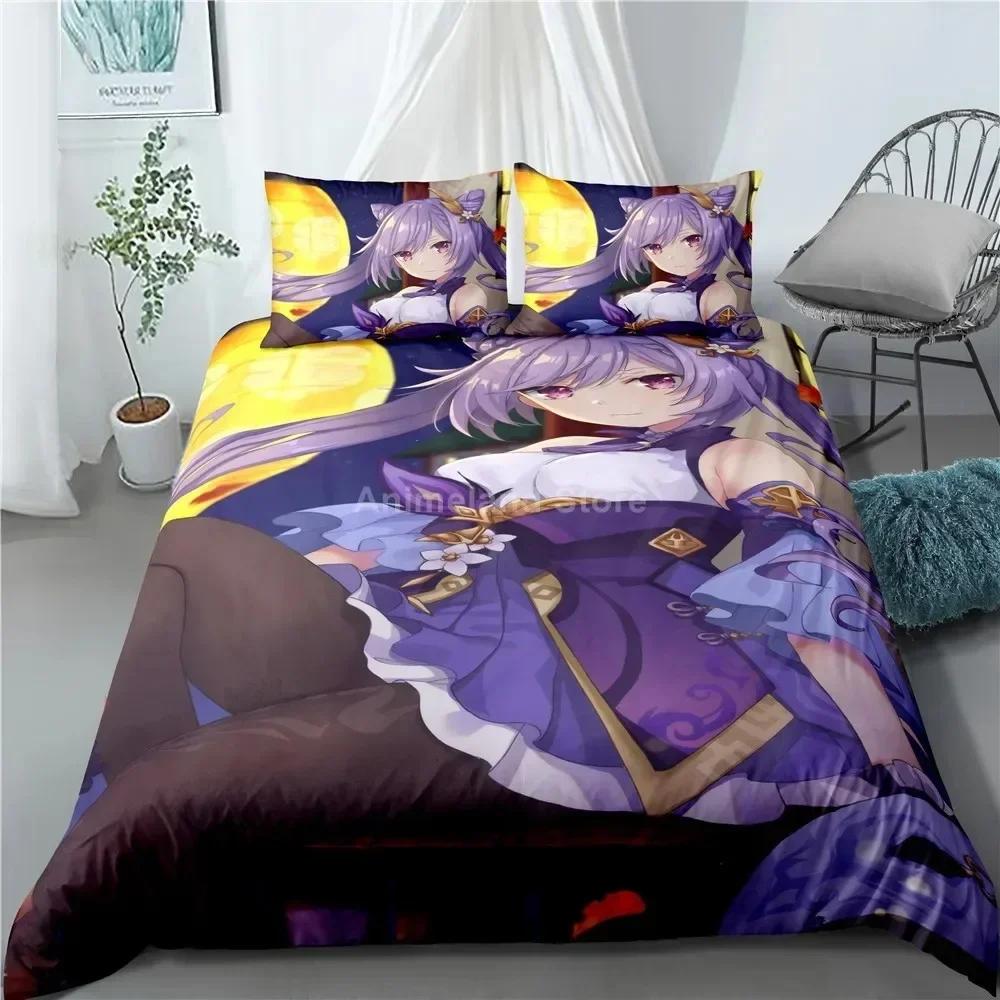 Luxury New 3D Print Keqing Bedding Set Genshin Impact Game Bed Linen Quilt Soft Duvet Cover Sets Home Room Decor Purple