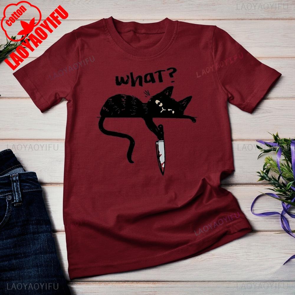 Black Cat with Knife Killer Funny Unisex T-shirt Creative Pattern Print Design T Shirt Men Women Casual Summer Short Sleeve