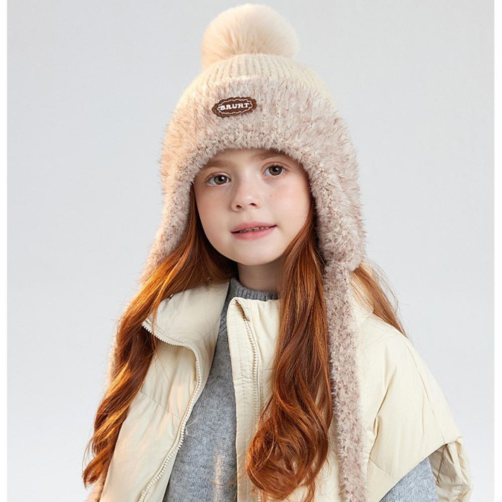 Kids Winter Knitted Earflap Hat with Pom Pom, Plush Lining and Long Ties, Warm Windproof Polyester Cap for Ages 4–10Years