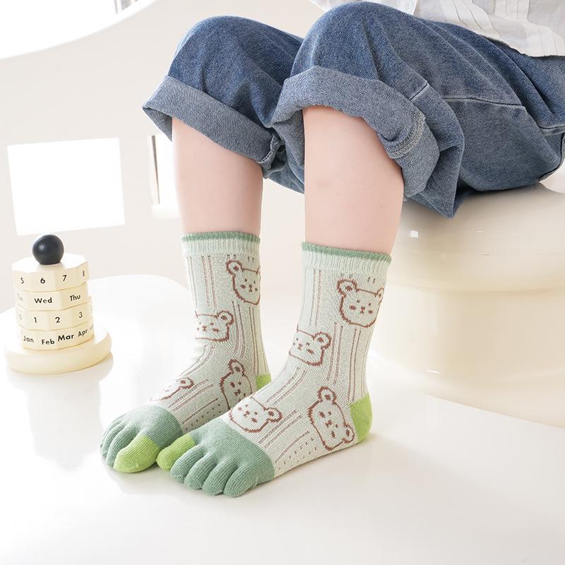 5 Pairs Kids Split Toe Mesh Socks Summer Thin Cute Cartoon Bear Head Five Fingers Glass Silk Cotton Socks for Baby Boys Girls