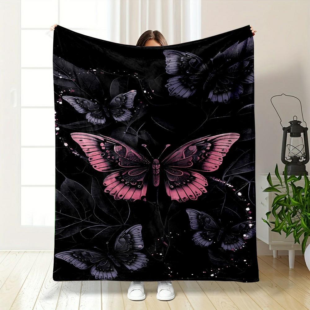 Pink and Purple Butterflies on Black Patterned flannel blanket perfect for the bedroom living room, sofa, or a little nap