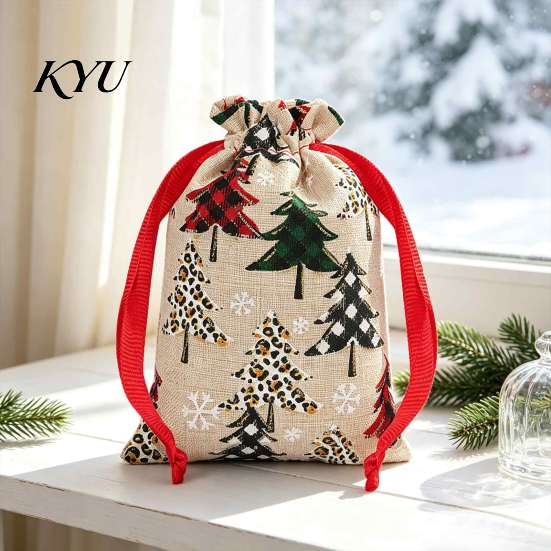 Small Fabric Gift Bags Christmas Tree Print Drawstring Bags, Faux Linen Xmas Treat Bag, Decorative Packaging Reusable Holiday Candy & Apple