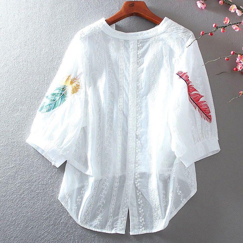 Summer Loose Cotton Blouse Lace V-neck Embroidered Balloon Sleeve Shirt Women's Top