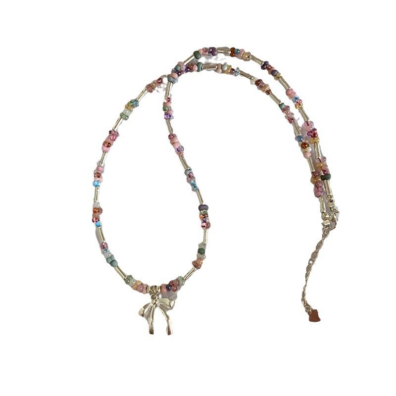Color Crystal Beaded Bow Necklace Female Niche Design Sense Small Fresh Collarbone Chain Versatile Temperament Neck Chain