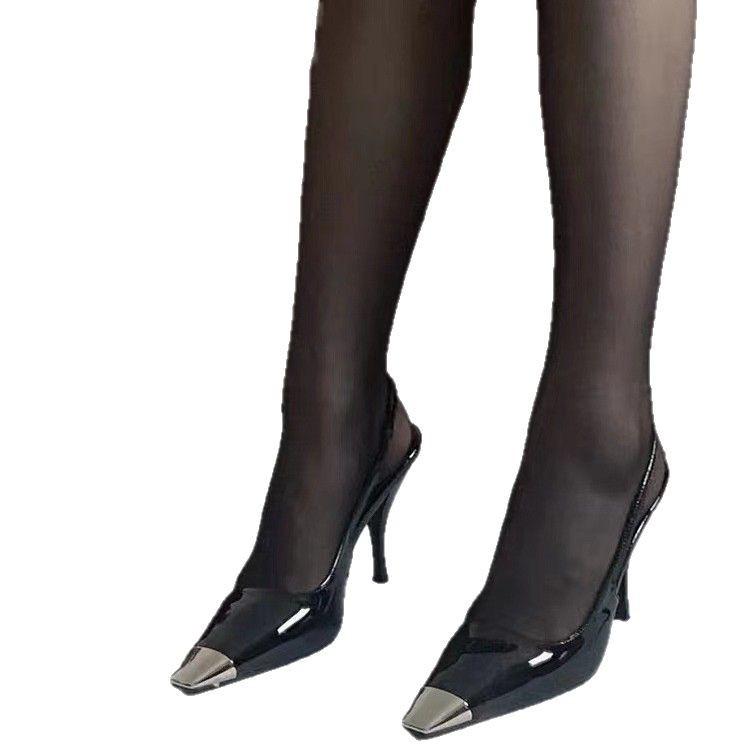 Pointed women's high heels, black patent leather bag head sandals, women's single shoes, thin heels, Park Caiying rose, the same high heels