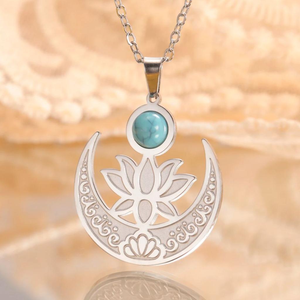 LIKGREAT Lotus Flower Necklace for Women Stainless Steel Healing Engrave Crescent Yoga Pendant Buddhism Amulet Jewelry
