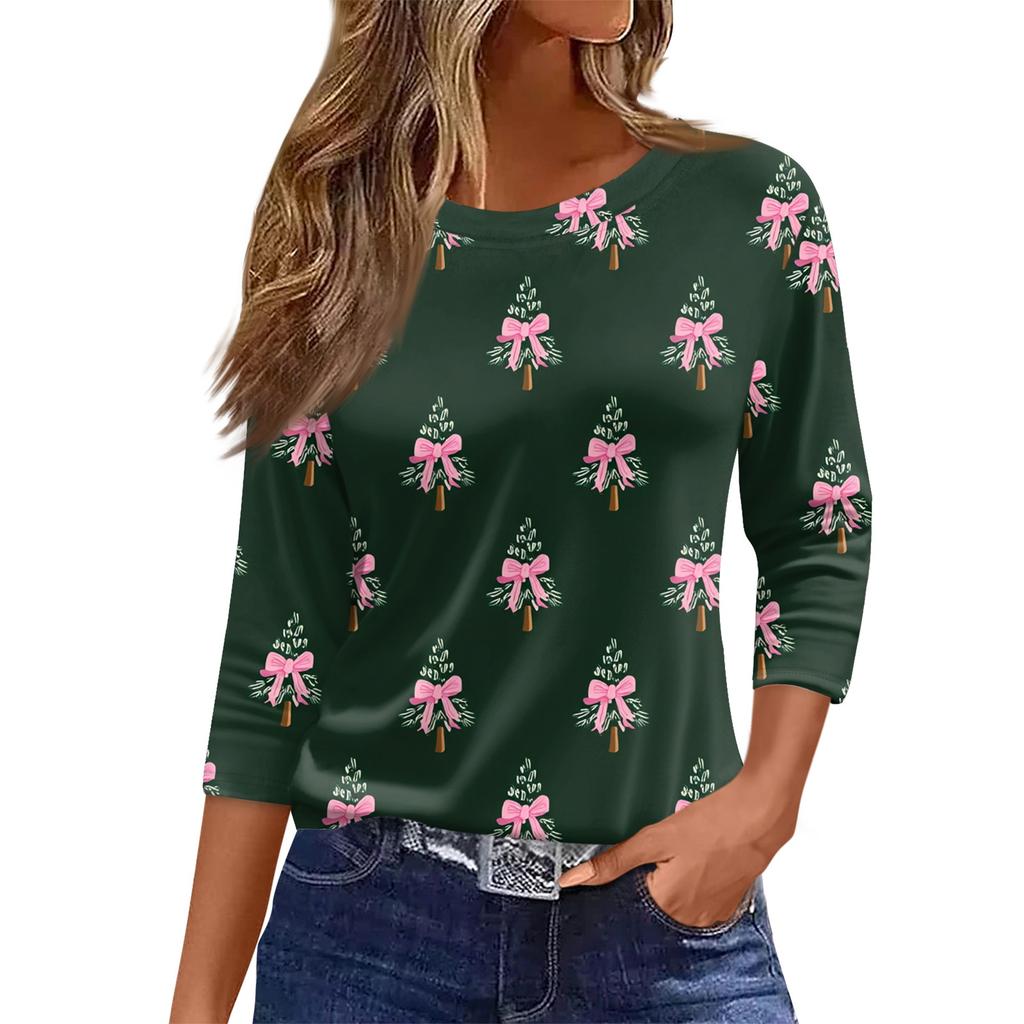 Top de damă cu decolteu O cu mâneci 3/4 cu imprimeu de Crăciun