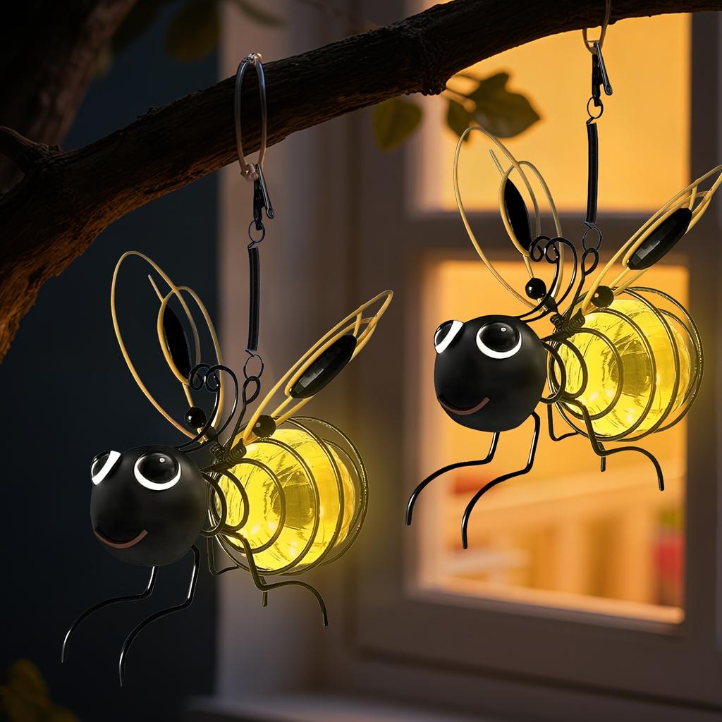 Solar-Powered Hanging Bee Lantern - Automatic On Off Outdoor Garden Lights with Elastic Spring Solar Bee Decoration for Patio Yard