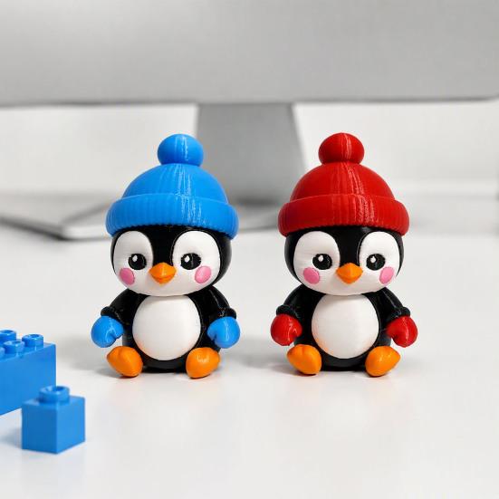 Small Penguin Figurine Cute with Knit Hat, 3D Printed Cartoon Holiday Gift for Friends Animal Statue Christmas Desktop Ornament, Car Dashboard