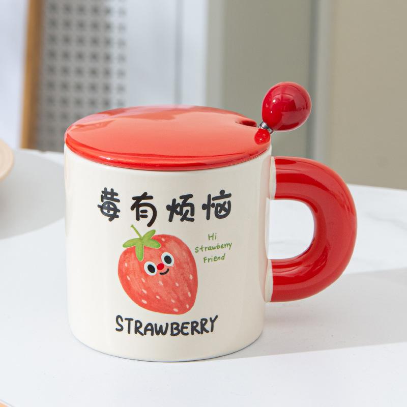Cartoon fruit ceramic mug, high-value coffee cup with lid spoon, blessing text, gift water cup for girls