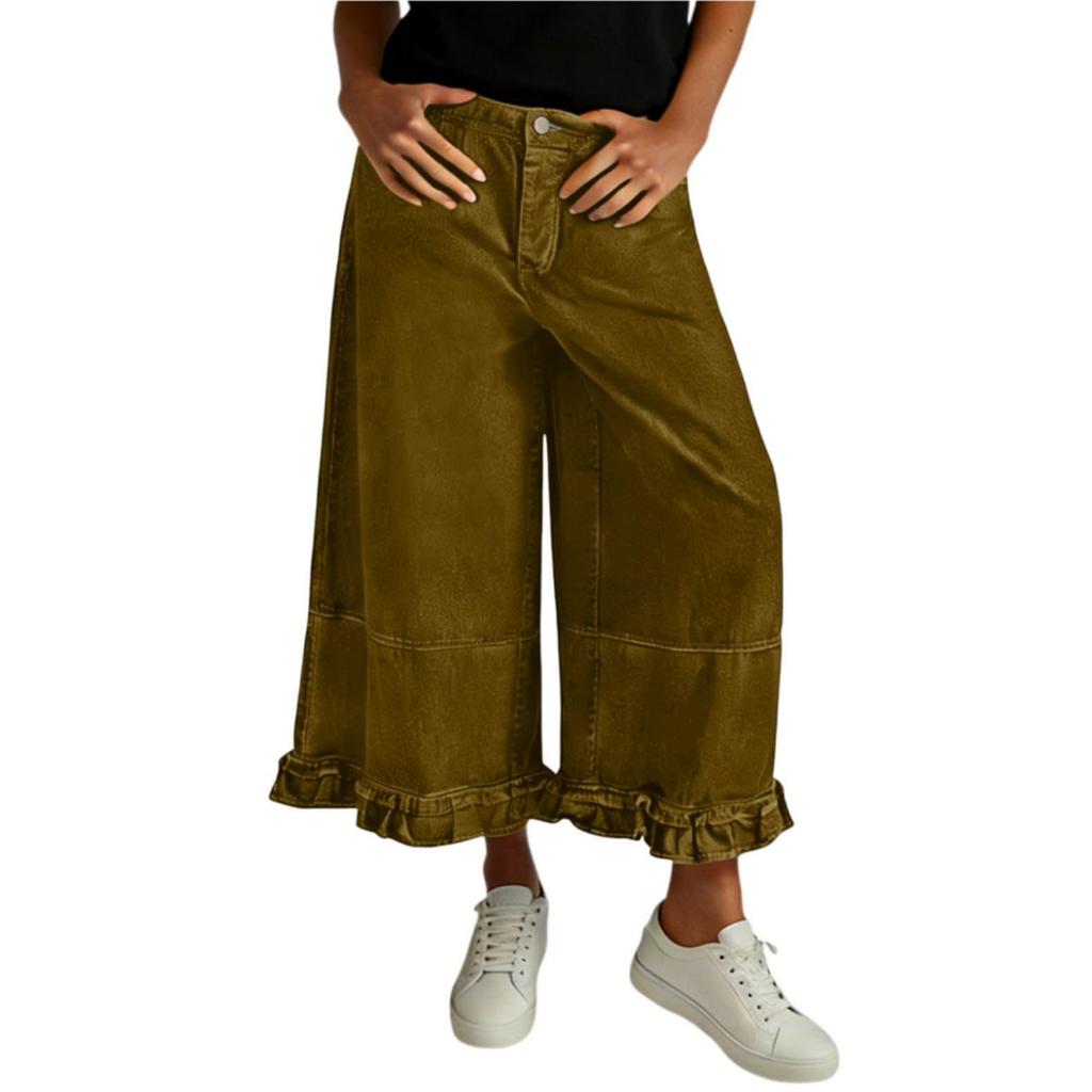 Women's Washed Denim Wide Leg Loose Nine Quarter Lace Jeans