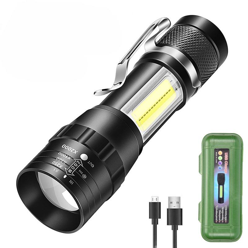 Mini LED Flashlight COB+XPE Portable Torch USB Charging Camping Lantern Zoomable Reading Light Tactical Flashlight with Pen Clip