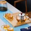Pokaro Tea Heat-Resistant Glass Teapot, Fine Mesh, with Stainless Steel Strainer, 500ml, Clear, Round, Stovetop-Safe, Stylish Glass Teapot with Amber