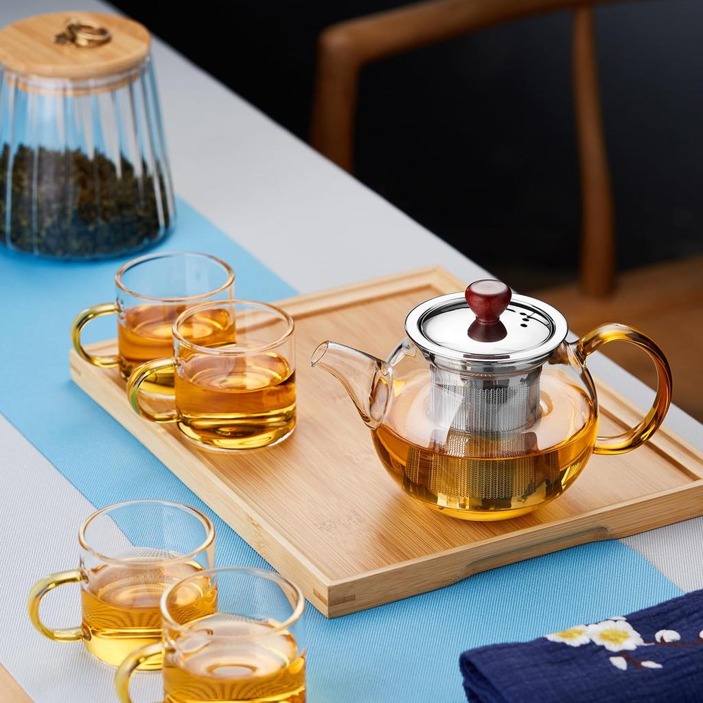 Pokaro Tea Heat-Resistant Glass Teapot, Fine Mesh, with Stainless Steel Strainer, 500ml, Clear, Round, Stovetop-Safe, Stylish Glass Teapot with Amber