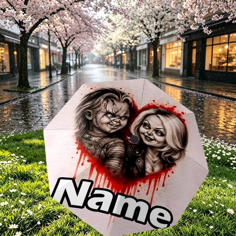 Custom Name Personalized Bride of Chucky Print Umbrella, Auto Open Close, 8‑Rib Sturdy Frame, Commute Camping Hiking Use, Birthday Gift