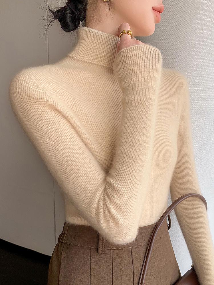 Women's Striped High Neck Wool Sweater - Slim Fit Long Sleeve Knit Base Layer Top