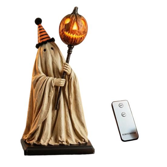 Halloween Theme Haunted House Decor Lighted Ghost Figurine with Remote Control, Vintage Resin Statue Luminous Pumpkin Indoor Festive Display Ornament