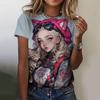 3D Printed Cartoon Style Floral Kitten Girl Pattern Women's T-shirt Summer Casual Round Neck Top Short Sleeve Loose T-shirt