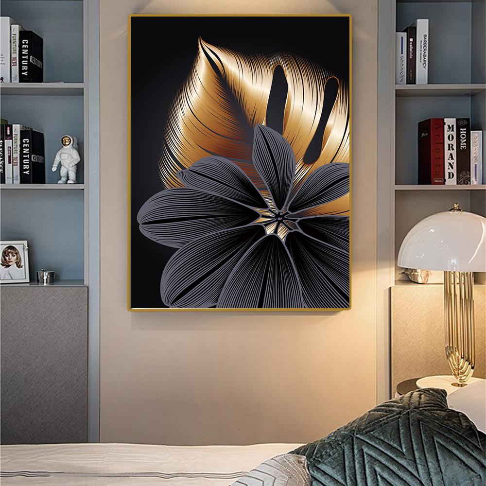 Scandinavian Black and Red Leaves Monster, Golden Plants, Flowers, Canvas, Poster, Paintings, Luxurious Interior Print, Abstract Hd Art Image