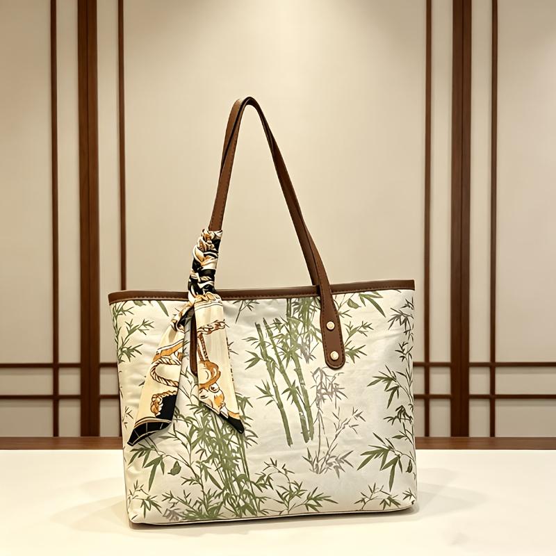 New Chinese style embroidered bamboo shoulder/handbag, retro, versatile, large capacity commuter tote bag, sophisticated commuter bag