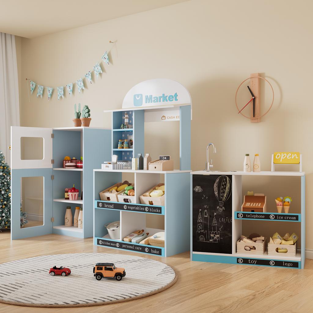 Loja de Brinquedo para Crianças, Brinquedo Educativo para Crianças a partir de 3 Anos, Madeira + Plástico, Azul, 30x155x